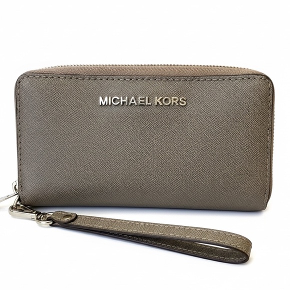 Michael Kors Handbags - Michael Kors Saffiano Leather Taupe Wristlet Clutch